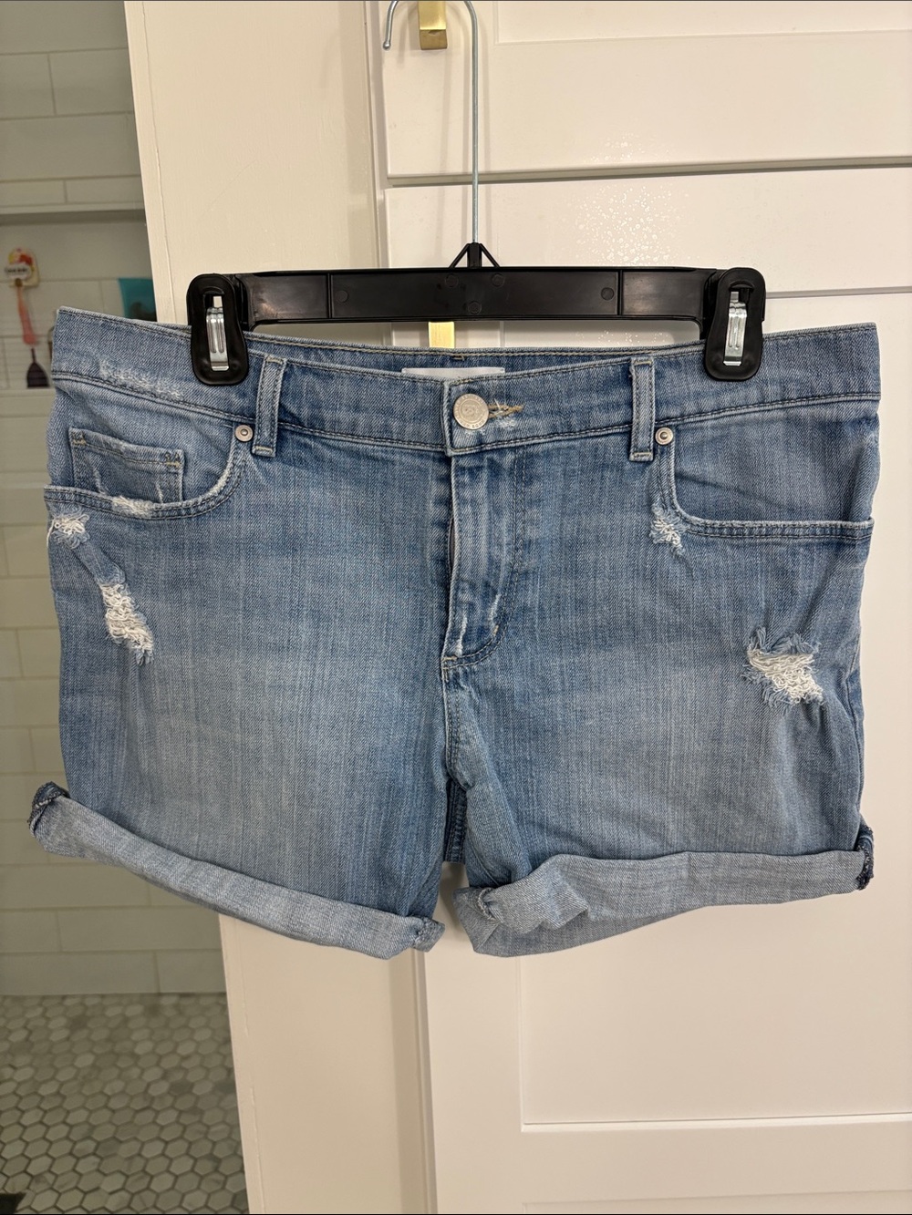 LOFT Light Blue Distressed Roll-Cuff Denim Shorts
